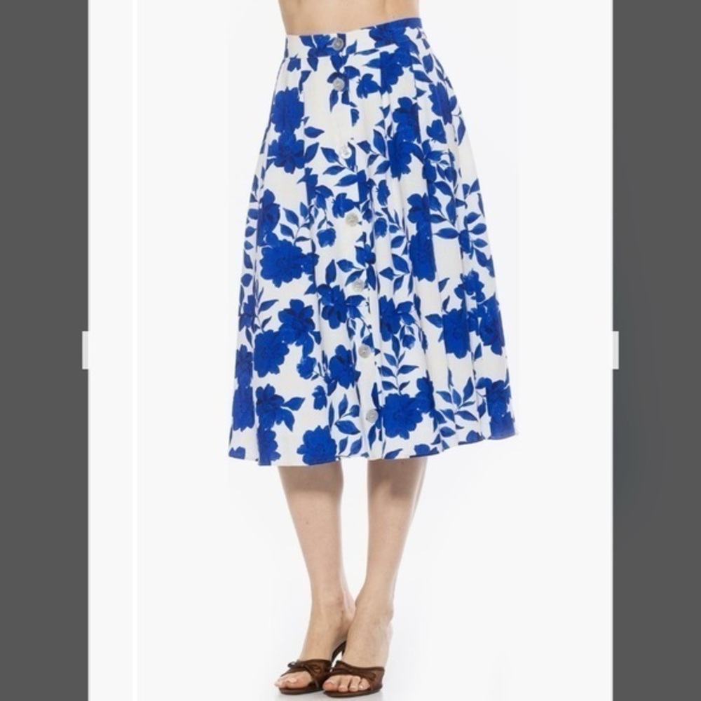 Alexia Admor Maya Linen Blend Midi Skirt in Blue Floral Size 8 - Picture 1 of 4